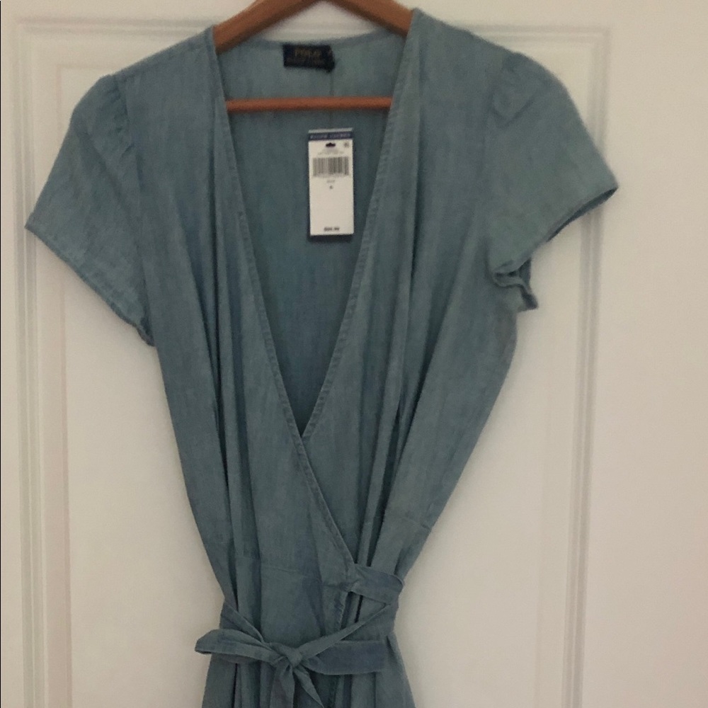 Polo, blue denim color wrap dress. Great for a day out or date night!